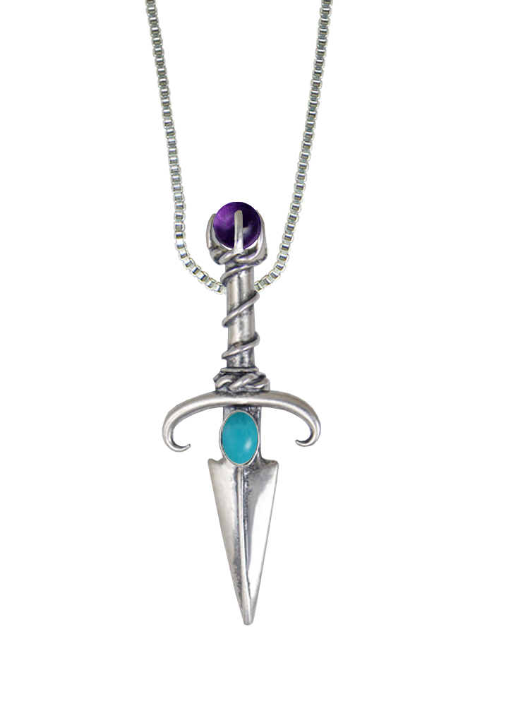 Sterling Silver Black Prince's Knife Dagger Pendant With Turquoise And Amethyst